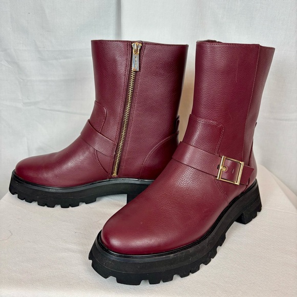 Michael Kors NWOT Size 9 Easton Moto Burgundy Leather Combat Boots - Picture 1 of 10